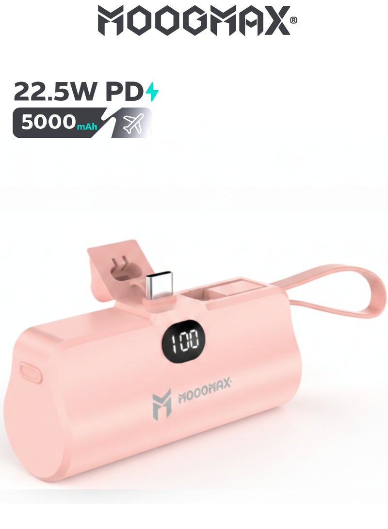 5000mAh portable charger. 22.5W power bank fast charging. powerbank Includes a USB C charger and an iPhone (Lightning) charging cable. Features a built-in stand for stability while charging. Includes a digital display showing the charging percentage. Powerful power bank with advanced overvoltage protection.